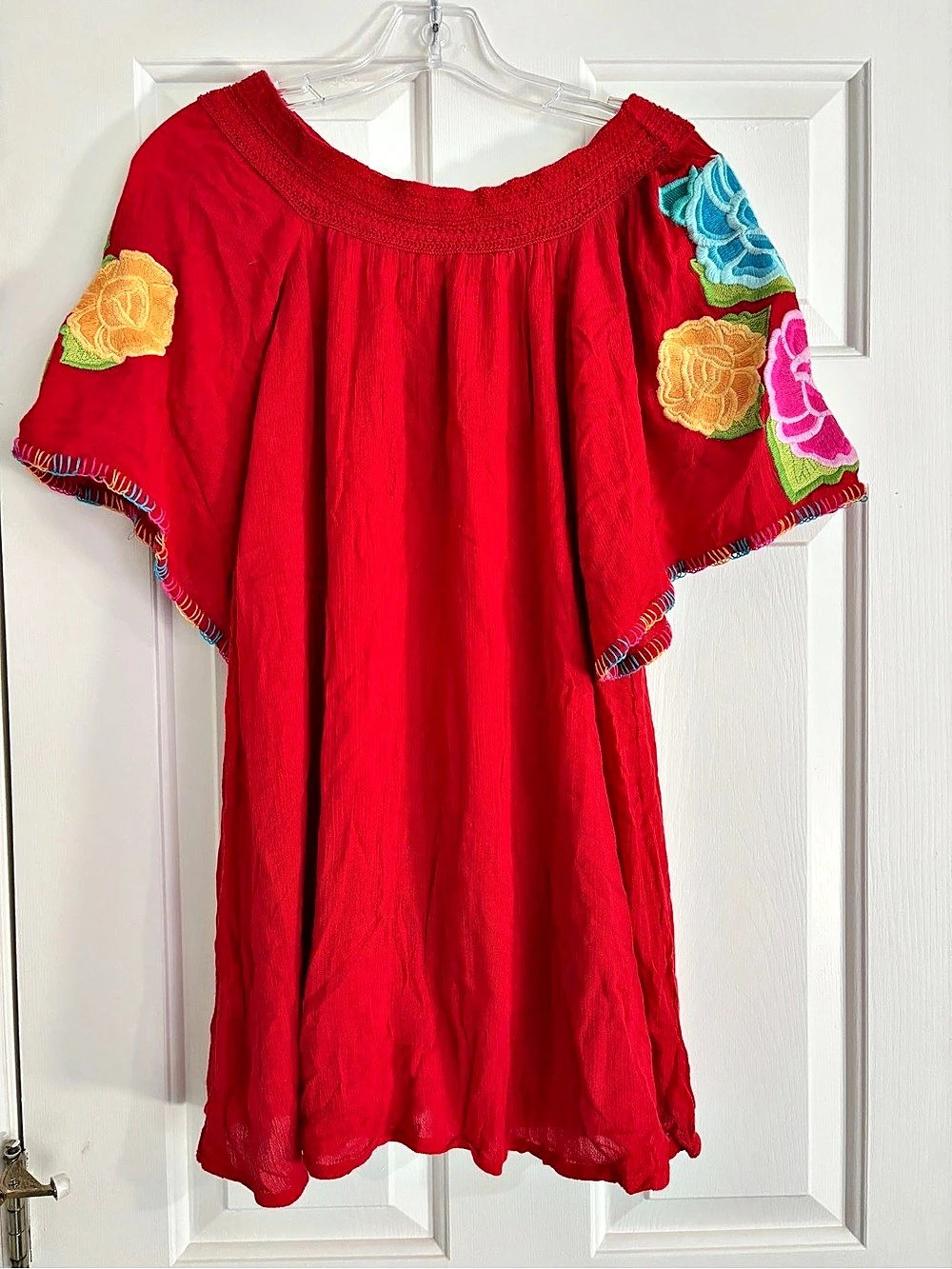 Judith March Red Floral Embroidered Sleeve Smocked Neck Mini Dress - Small